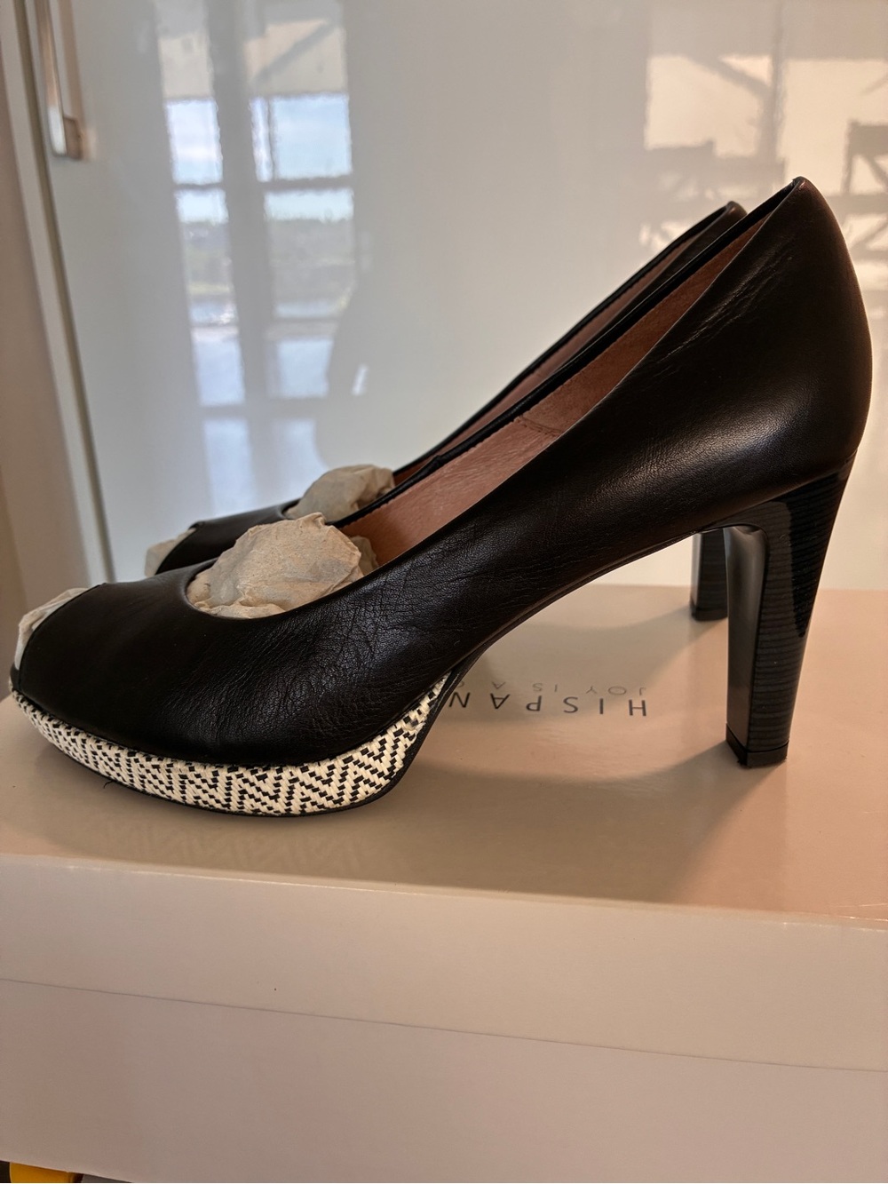 Woven-Trim Black Peep-Toe Heel